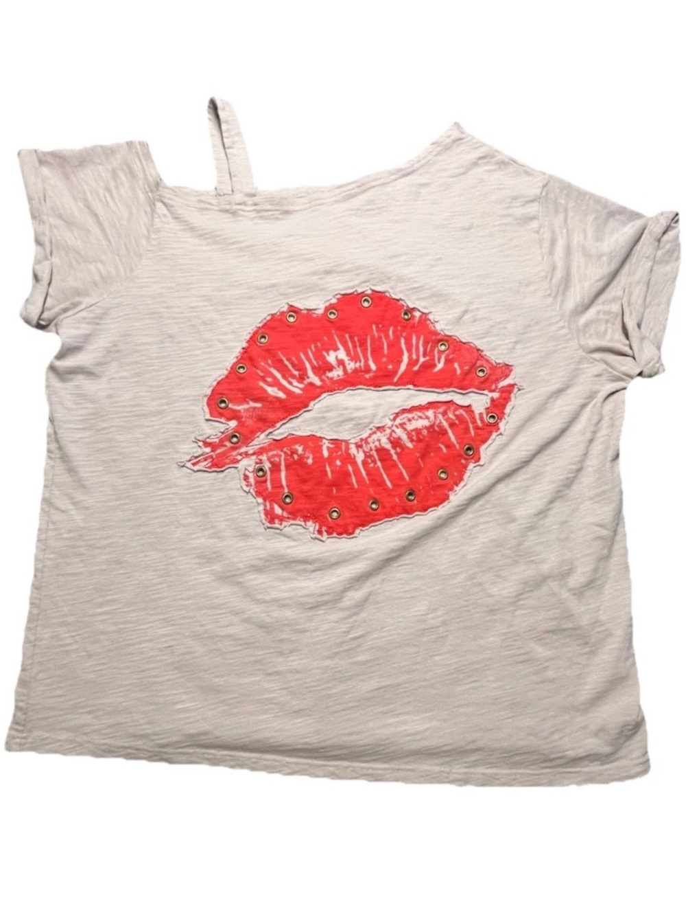 Halo & Harley Cream Top with Red Lips, XL
